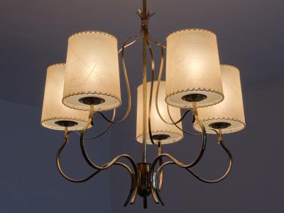 Paavo Tynell Paavo Tynell Chandelier in Brass and Parchment Model 9001 Taito Finland 1940s