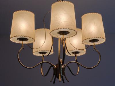 Paavo Tynell Paavo Tynell Chandelier in Brass and Parchment Model 9001 Taito Finland 1940s