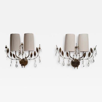 Paavo Tynell Paavo Tynell Crystal Wall Lights Model 9473 Brass Fabric and Glass Taito 1950s