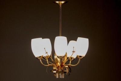 Paavo Tynell Paavo Tynell Floral Themed Brass Blown Glass Chandelier for Glash tte Limburg