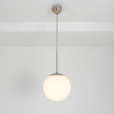 Paavo Tynell Paavo Tynell Minimalist Pendant 1602 Chromed Metal Opaline Glass Idman 1950s