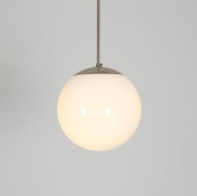 Paavo Tynell Paavo Tynell Minimalist Pendant 1602 Chromed Metal Opaline Glass Idman 1950s