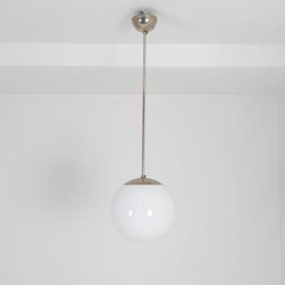 Paavo Tynell Paavo Tynell Minimalist Pendant 1602 Chromed Metal Opaline Glass Idman 1950s