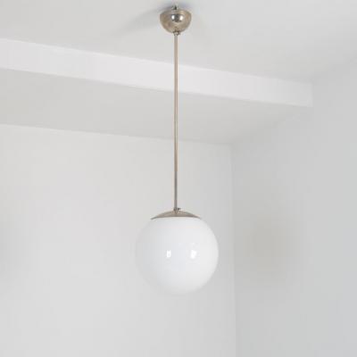 Paavo Tynell Paavo Tynell Minimalist Pendant 1602 Chromed Metal Opaline Glass Idman 1950s