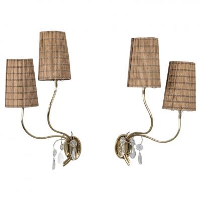 Paavo Tynell Paavo Tynell Organic Wall Lamps Model 9424 in Brass and Rattan Taito 1940s