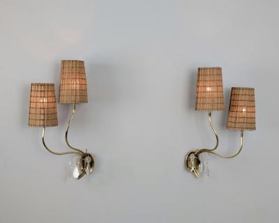 Paavo Tynell Paavo Tynell Organic Wall Lamps Model 9424 in Brass and Rattan Taito 1940s