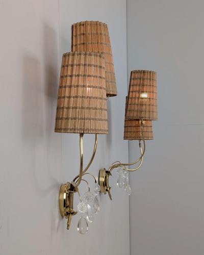 Paavo Tynell Paavo Tynell Organic Wall Lamps Model 9424 in Brass and Rattan Taito 1940s