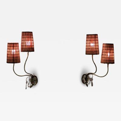 Paavo Tynell Paavo Tynell Organic Wall Lamps Model 9424 in Brass and Rattan Taito 1940s