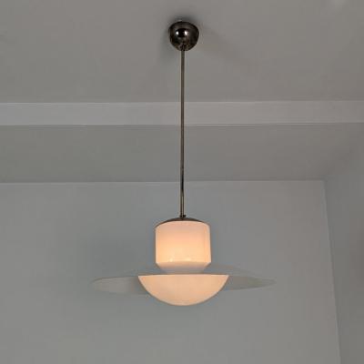 Paavo Tynell Paavo Tynell Pendant Chromed Metal Painted Shade Opaline Glass 1950s