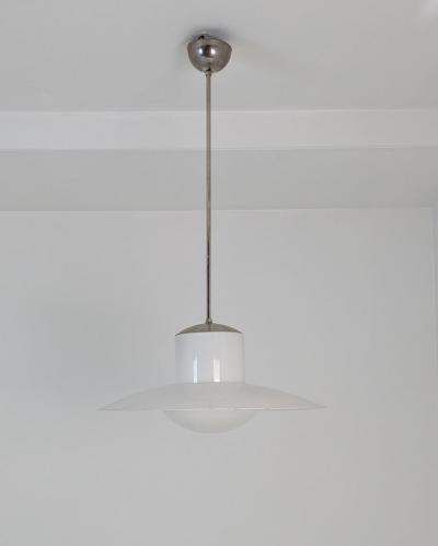 Paavo Tynell Paavo Tynell Pendant Chromed Metal Painted Shade Opaline Glass 1950s