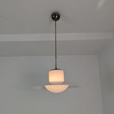 Paavo Tynell Paavo Tynell Pendant Chromed Metal Painted Shade Opaline Glass 1950s