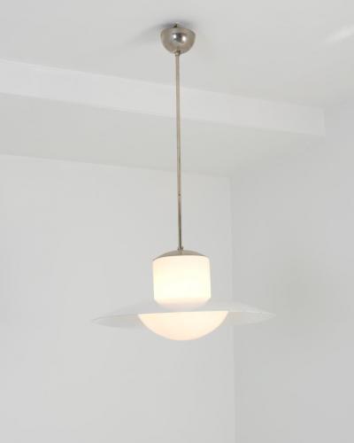 Paavo Tynell Paavo Tynell Pendant Chromed Metal Painted Shade Opaline Glass 1950s