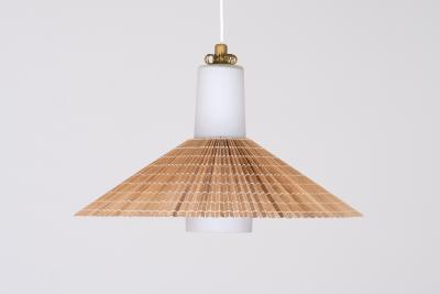 Paavo Tynell Paavo Tynell Pendant in Opal Glass Lamellar Aspen Wood and Brass Idman 1950s
