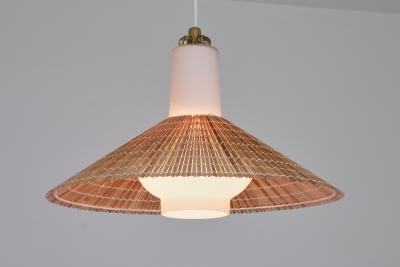 Paavo Tynell Paavo Tynell Pendant in Opal Glass Lamellar Aspen Wood and Brass Idman 1950s