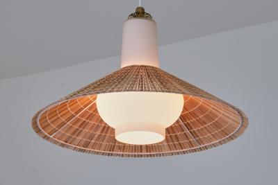 Paavo Tynell Paavo Tynell Pendant in Opal Glass Lamellar Aspen Wood and Brass Idman 1950s