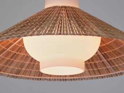 Paavo Tynell Paavo Tynell Pendant in Opal Glass Lamellar Aspen Wood and Brass Idman 1950s