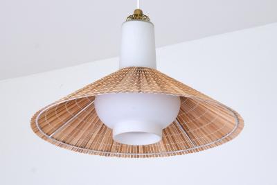Paavo Tynell Paavo Tynell Pendant in Opal Glass Lamellar Aspen Wood and Brass Idman 1950s