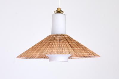 Paavo Tynell Paavo Tynell Pendant in Opal Glass Lamellar Aspen Wood and Brass Idman 1950s