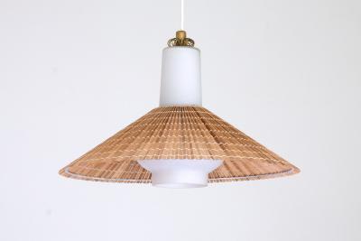 Paavo Tynell Paavo Tynell Pendant in Opal Glass Lamellar Aspen Wood and Brass Idman 1950s