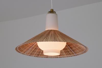 Paavo Tynell Paavo Tynell Pendant in Opal Glass Lamellar Aspen Wood and Brass Idman 1950s
