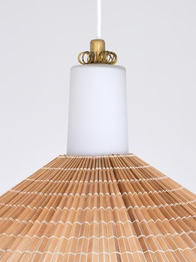 Paavo Tynell Paavo Tynell Pendant in Opal Glass Lamellar Aspen Wood and Brass Idman 1950s