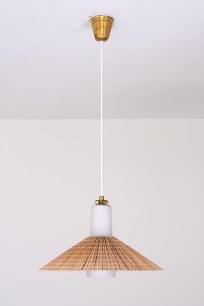 Paavo Tynell Paavo Tynell Pendant in Opal Glass Lamellar Aspen Wood and Brass Idman 1950s