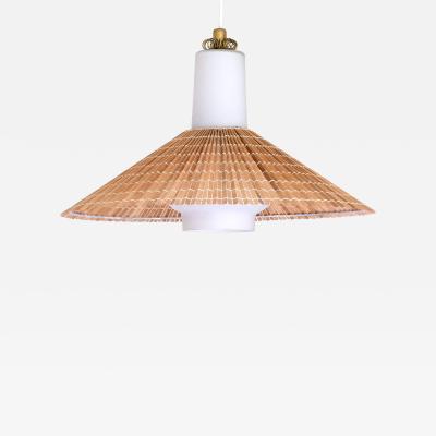 Paavo Tynell Paavo Tynell Pendant in Opal Glass Lamellar Aspen Wood and Brass Idman 1950s