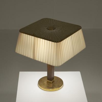 Paavo Tynell Paavo Tynell Perforated Brass Fabric wooden Table Lamp 5066 Taito 1950s