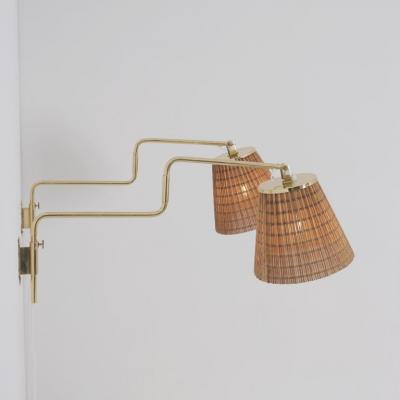 Paavo Tynell Pair of Paavo Tynell Adjustable Rattan Shade Wall Lights Model 9414 Taito 1950s