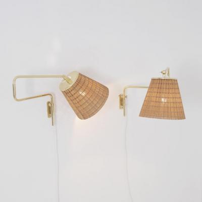 Paavo Tynell Pair of Paavo Tynell Adjustable Rattan Shade Wall Lights Model 9414 Taito 1950s