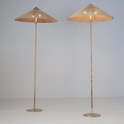 Paavo Tynell Pair of Paavo Tynell Chinese Hat Floor Lamp 9602 Brass Rattan Taito 1950s