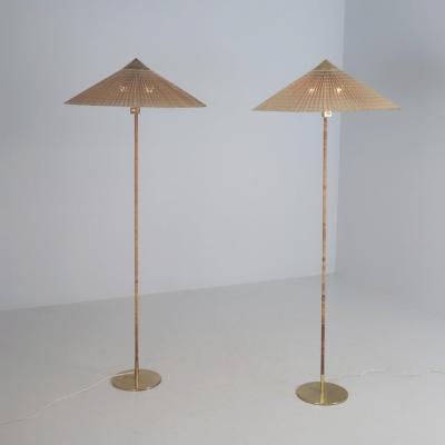 Paavo Tynell Pair of Paavo Tynell Chinese Hat Floor Lamp 9602 Brass Rattan Taito 1950s