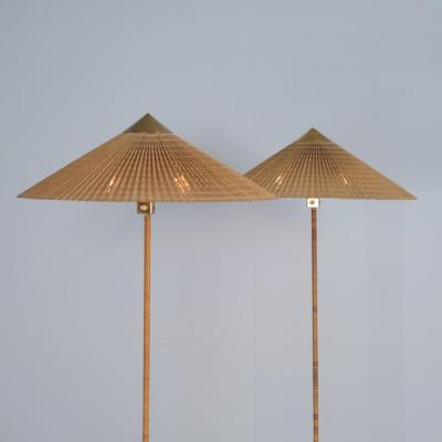 Paavo Tynell Pair of Paavo Tynell Chinese Hat Floor Lamp 9602 Brass Rattan Taito 1950s