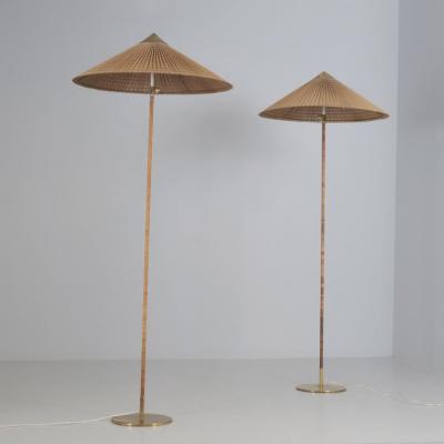 Paavo Tynell Pair of Paavo Tynell Chinese Hat Floor Lamp 9602 Brass Rattan Taito 1950s