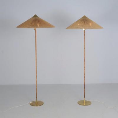 Paavo Tynell Pair of Paavo Tynell Chinese Hat Floor Lamp 9602 Brass Rattan Taito 1950s