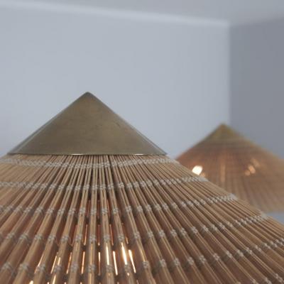 Paavo Tynell Pair of Paavo Tynell Chinese Hat Floor Lamp 9602 Brass Rattan Taito 1950s