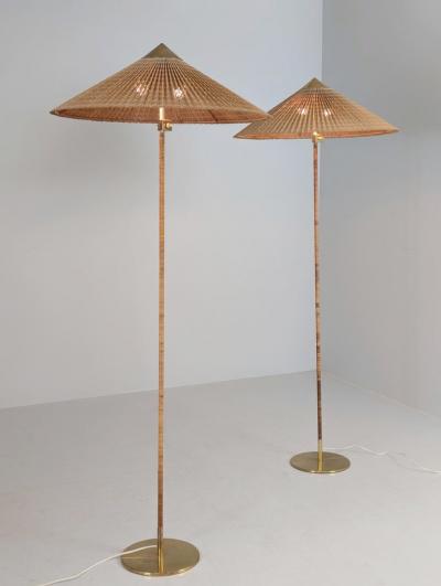 Paavo Tynell Pair of Paavo Tynell Chinese Hat Floor Lamp 9602 Brass Rattan Taito 1950s