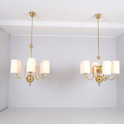 Paavo Tynell Pair of Paavo Tynell Commissioned Chandeliers in Brass Fabric Taito 1940s