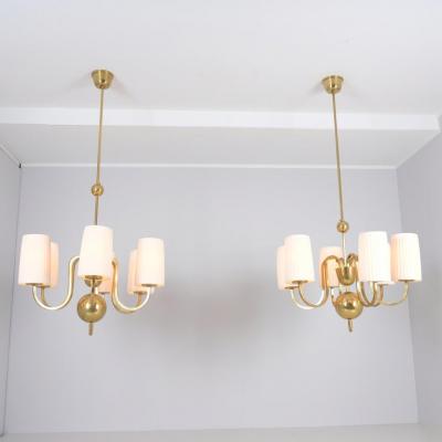 Paavo Tynell Pair of Paavo Tynell Commissioned Chandeliers in Brass Fabric Taito 1940s