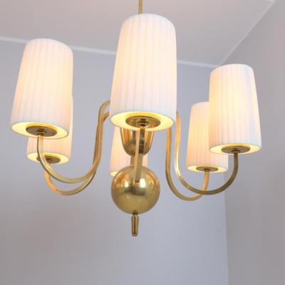 Paavo Tynell Pair of Paavo Tynell Commissioned Chandeliers in Brass Fabric Taito 1940s