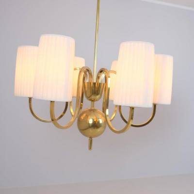 Paavo Tynell Pair of Paavo Tynell Commissioned Chandeliers in Brass Fabric Taito 1940s