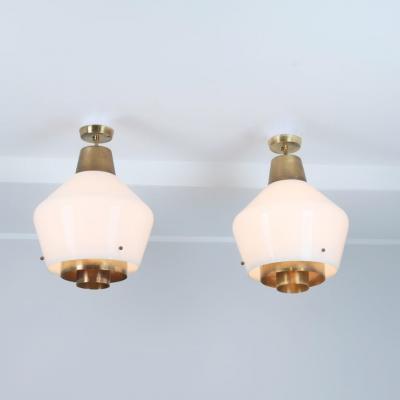 Paavo Tynell Rare Huge Pair of Paavo Tynell Pendants Brass Glass Model 3353 Taito 1950s