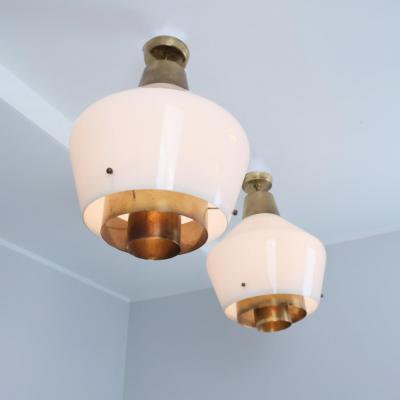 Paavo Tynell Rare Huge Pair of Paavo Tynell Pendants Brass Glass Model 3353 Taito 1950s