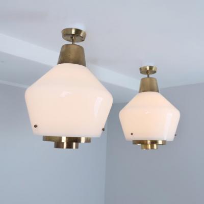 Paavo Tynell Rare Huge Pair of Paavo Tynell Pendants Brass Glass Model 3353 Taito 1950s