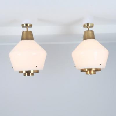 Paavo Tynell Rare Huge Pair of Paavo Tynell Pendants Brass Glass Model 3353 Taito 1950s