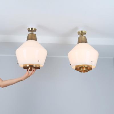 Paavo Tynell Rare Huge Pair of Paavo Tynell Pendants Brass Glass Model 3353 Taito 1950s