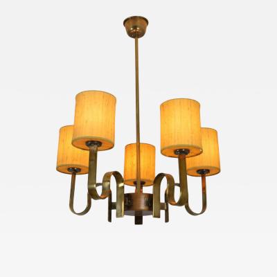 Paavo Tynell Rare Paavo Tynell Chandelier in Brass Wood Yellow Shades Taito 1950s