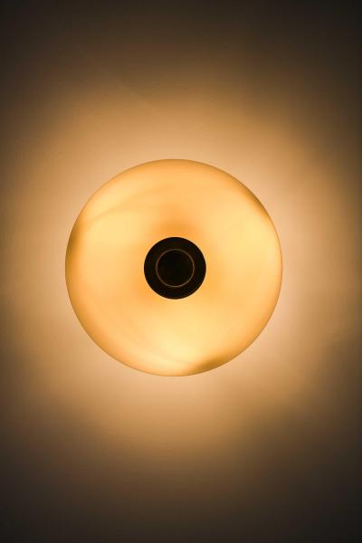 Paavo Tynell Scandinavian Modern Ceiling Lamp in Brass Opaline Glass by Paavo Tynell 1950s