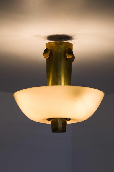 Paavo Tynell Scandinavian Modern Ceiling Lamp in Brass Opaline Glass by Paavo Tynell 1950s