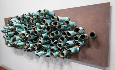 Pablo Pablo Monumental Ceramic Wall Sculpture on Iron Plate Signed Pablo